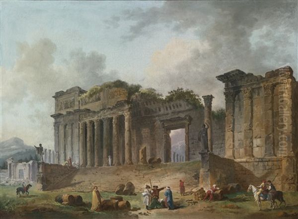 An Architectural Capriccio With An Artist Sketching In The Foreground Oil Painting by Hubert Robert