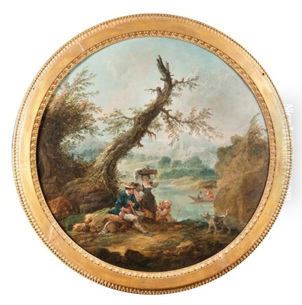 La Lavandiere Et Le Berger Pres D'un Etang Oil Painting by Hubert Robert