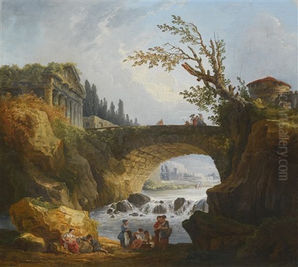 River Landscape With Washerwomen In The Foreground, An Arched Bridge And Ruined Temple Set High On The River Bank Beyond Oil Painting by Hubert Robert