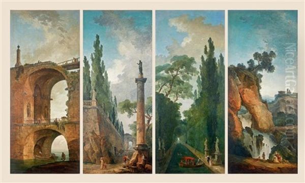 La Contemplation D'un Bas-relief Antique Dans Une Rue Romaine, Couple De Jeunes Femmes Embarquant Sur Un Canal Ombrage, Barque Accostant Sous L'arche D'un Pont, Jeunes Paysans Pres D'une Cascade (set Of 4) Oil Painting by Hubert Robert