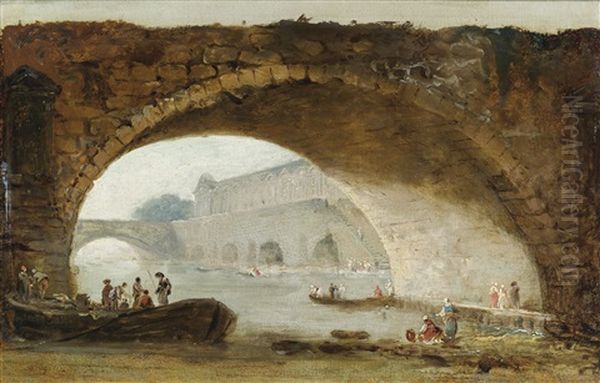 Vue Fantaisiste Du Louvre A Travers L'arche D'un Pont Oil Painting by Hubert Robert