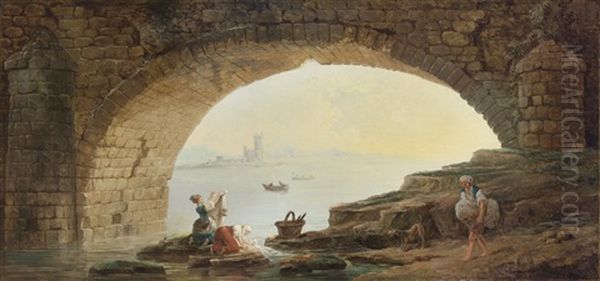 L'arche D'un Pont Avec Des Lavandieres Oil Painting by Hubert Robert