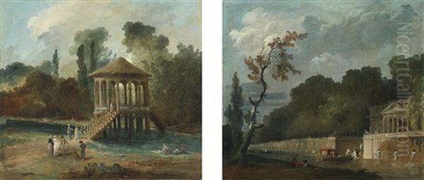 An Elegant Company Arriving At A River Belvedere And An Elegant Company Embarking On A Pleasure Boat From The Steps Of A Classical Palace (pair) Oil Painting by Hubert Robert