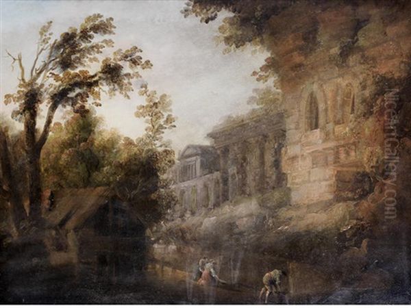 Capriccio Of Ruins With Figures Washing Clothes At A River In The Foreground Oil Painting by Hubert Robert