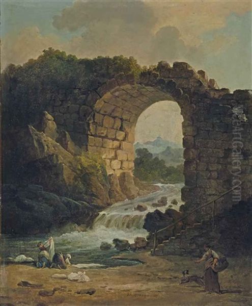 Lavandiere Pres D'une Arche De Pierre Et D'une Chute D'eau Oil Painting by Hubert Robert