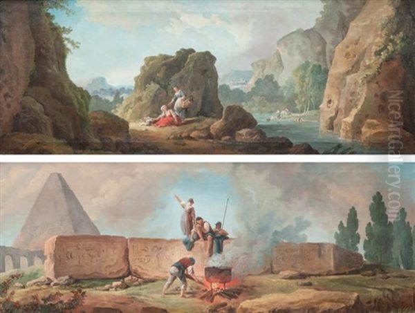 Paysage De Riviere Anime Et Obelisque Avec Des Personnages Autour D'un Brasero (pair) Oil Painting by Hubert Robert