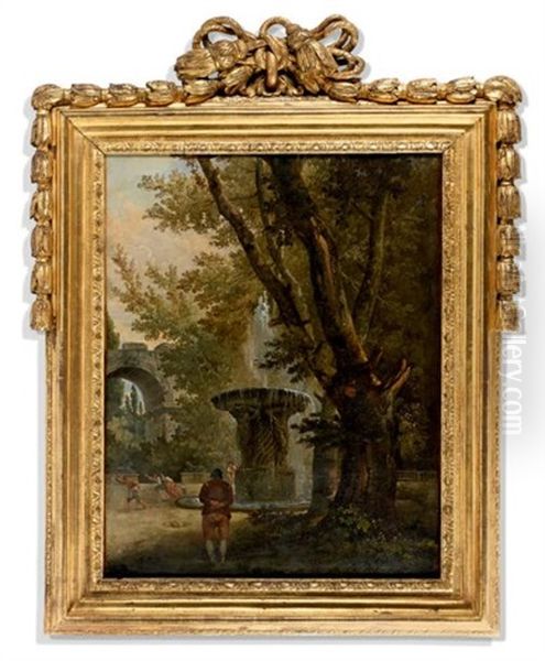 Personnage De Dos Contemplant Une Fontaine Oil Painting by Hubert Robert