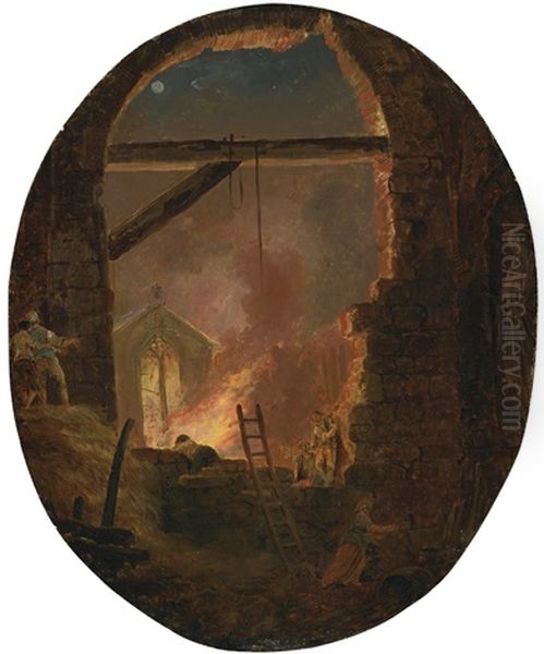 A Night-time Scene With Buildings Ablaze Oil Painting by Hubert Robert