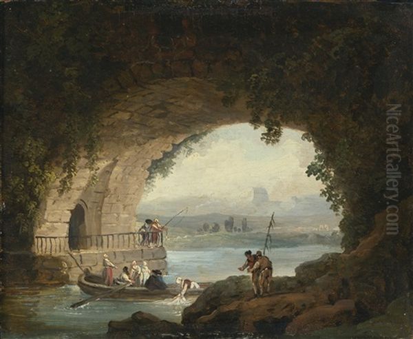 Washerwomen At Work Under The Arch Of A Bridge Oil Painting by Hubert Robert