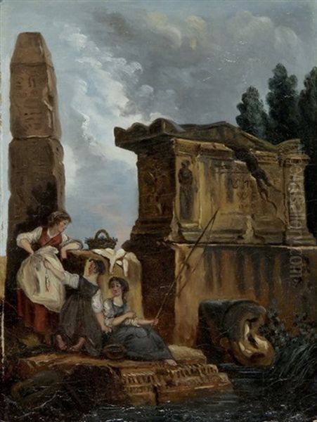 Ein Romisches Capriccio Mit Sarkophag, Obelisk Und Fischerinnen by Hubert Robert