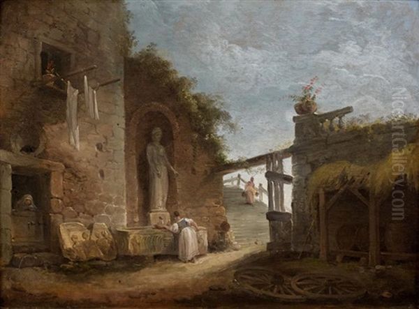 Femme A La Fontaine Dans Une Cour De Ferme Oil Painting by Hubert Robert