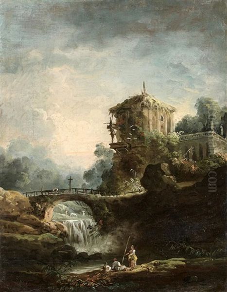 Paysage Au Pont Et A La Cascade Oil Painting by Hubert Robert