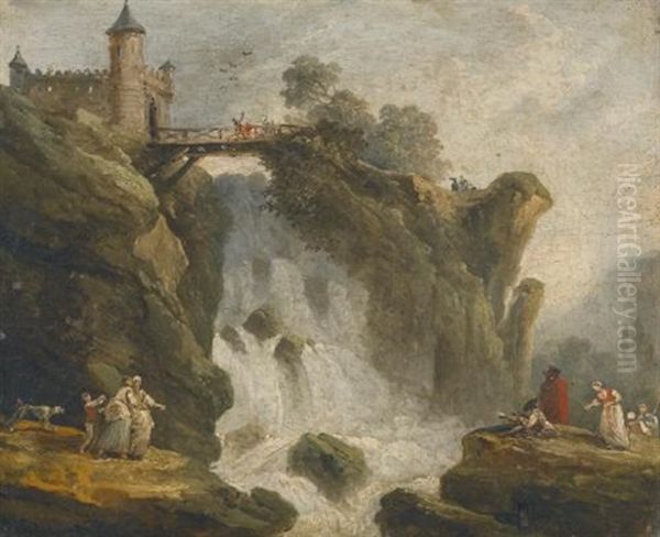 An Artist Sketching With Other Figures Beneath A Waterfall Oil Painting by Hubert Robert