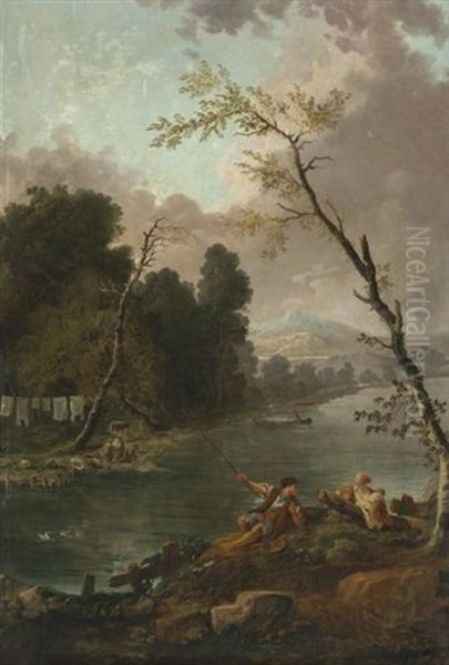 Lavandieres Et Pecheurs Au Bord D'une Riviere, Jeune Mere Et Ses Enfants Devant Les Cascades De Tivoli (pair) Oil Painting by Hubert Robert