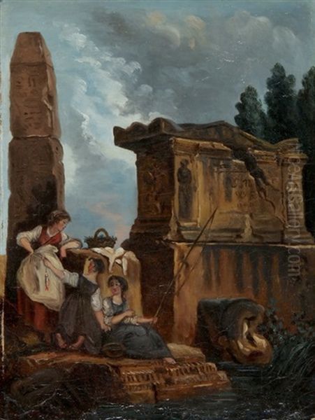 Ein Romisches Capriccio Mit Sarkophag, Obelisk Und Fischerinnen Oil Painting by Hubert Robert