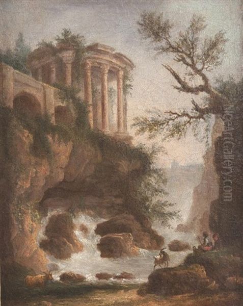 Paysage Pres De Tivoli Avec La Vue Du Temple De La Sibylle Oil Painting by Hubert Robert