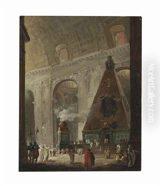 The Catafalque Of Pope Benedict Xiv In Saint Peter's, Rome Oil Painting by Hubert Robert