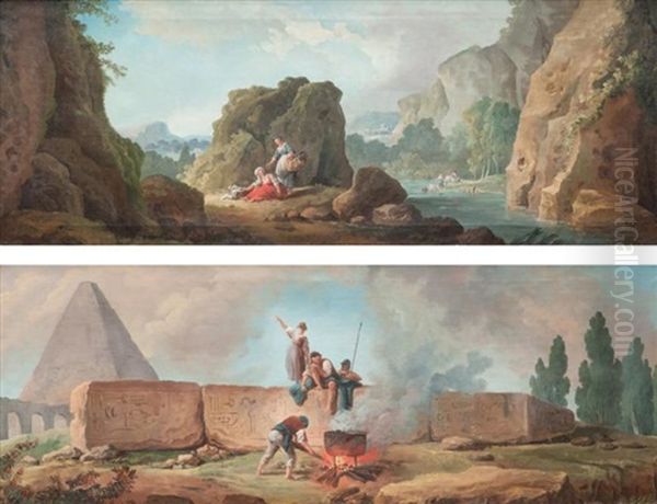 Obelisque Avec Des Personnages Autour D'un Brasero Et Paysage De Riviere Anime (pair) Oil Painting by Hubert Robert