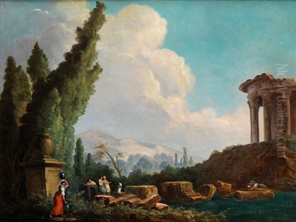 Sudliche Ruinenlandschaft Mit Rundtempel, Zypressen Und Figurenstaffage Oil Painting by Hubert Robert