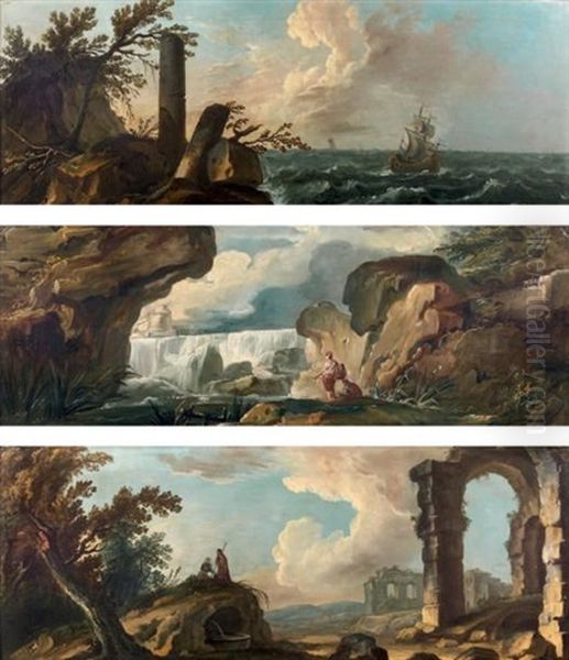 Pecheur Pres De La Cascade, Promeneurs Dans Un Paysage Avec Des Ruines Antiques Et Voilier Sur Une Mer Agitee (3 Works) Oil Painting by Hubert Robert