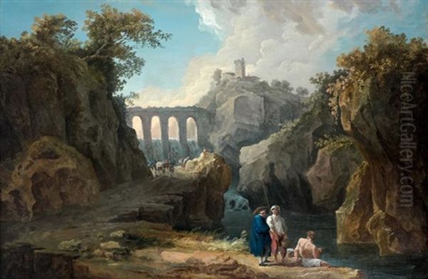 Paysage Au Pont Anime De Personnages Oil Painting by Hubert Robert