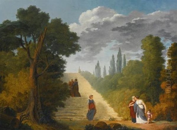 A Grand Staircase In A Park Setting Oil Painting by Hubert Robert