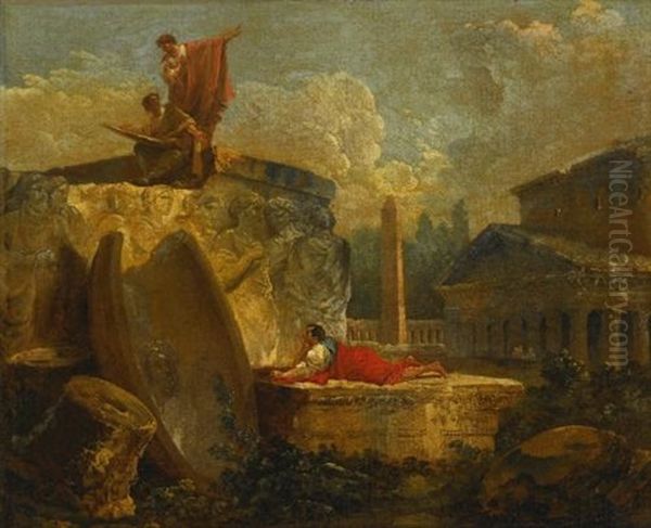 Draughtsmen In A Landscape With Antique Ruins Oil Painting by Hubert Robert