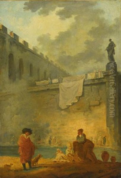 Figures At The Waterside Oil Painting by Hubert Robert