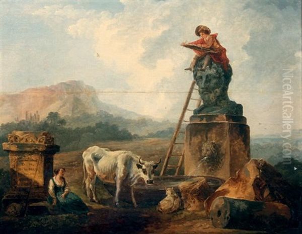 Le Jeune Dessinateur Juche Sur Une Tete Antique Monumentale Posee Sur Le Socle D'une Fontaine, Il Dessine Une Bergere Endormie Dans La Campagne Romaine Oil Painting by Hubert Robert