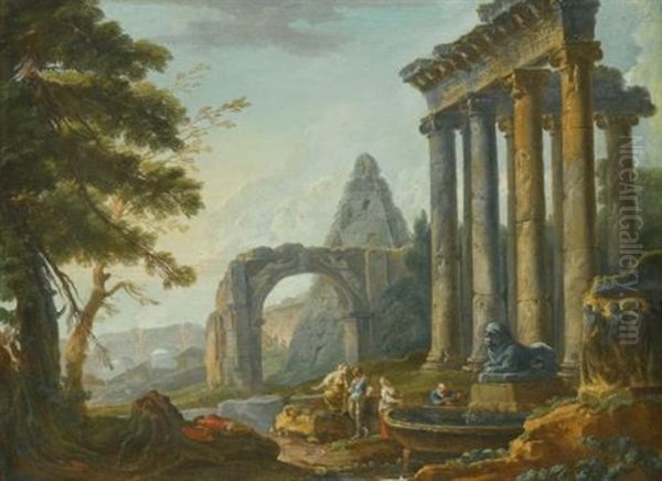 An Architectural Capriccio With The Temple Of Concordia, The Arch Of Titus And The Pyramid Of Caius Cestius, With Figures Before A Fountain In The Foreground Oil Painting by Hubert Robert