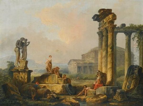 A Landscape With Shepherds And Shepherdesses Among Ancient Ruins, With The Statue Of Castor And Pollux And The Pantheon Beyond Oil Painting by Hubert Robert