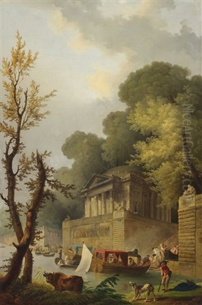 Capriccio With Ancient Temple By A Canal Oil Painting by Hubert Robert