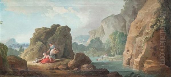 Obelisque Avec Des Personnages Autour D'un Brasero Et Paysage De Riviere Anime (pair) Oil Painting by Hubert Robert