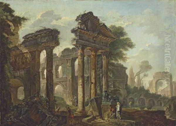 An Architectural Capriccio With Peasants Resting Amongst Roman Ruins Oil Painting by Hubert Robert