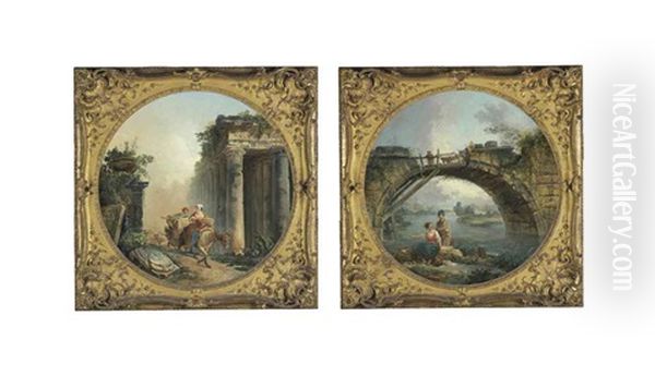 The Ruins (+ The Old Bridge; Pair) Oil Painting by Hubert Robert