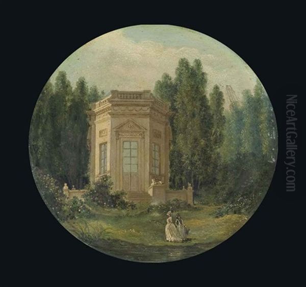 Les Jardins Du Petit Trianon Avec Le Belvedere A Versailles Et Une Jeune Femme (marie-antoinette ?) Se Promenant Oil Painting by Hubert Robert