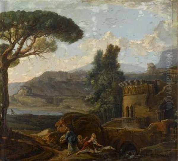 Lavandieres At A Stream, In A Classical Landscape With Ruins Oil Painting by Hubert Robert