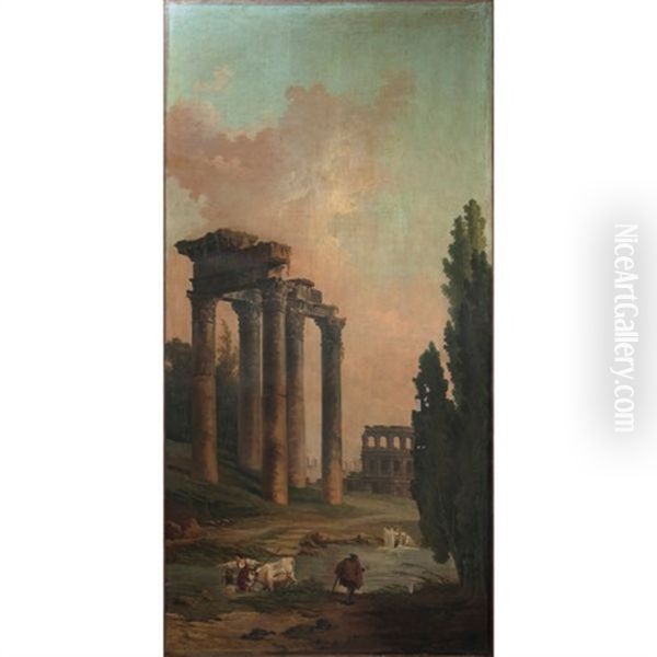 Caprice Architectural Avec Les Ruines Du Temple De Saturne Et Le Colysee Dans Le Fond Oil Painting by Hubert Robert