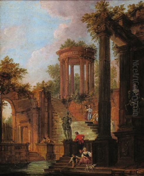 Capricci Architettonici Con Rovine Antiche E Moderne (pair) Oil Painting by Hubert Robert