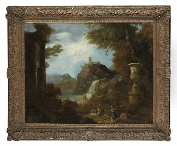 An Architectural Cappriccio With Washerwomen By A River Oil Painting by Hubert Robert