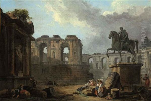 A Roman Capriccio With Washerwomen By The Statue Of Marcus Aurelius Oil Painting by Hubert Robert