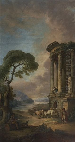 Dessinateur, Patre Et Son Troupeau Devant Une Riviere Et Le Temple De Vesta Oil Painting by Hubert Robert