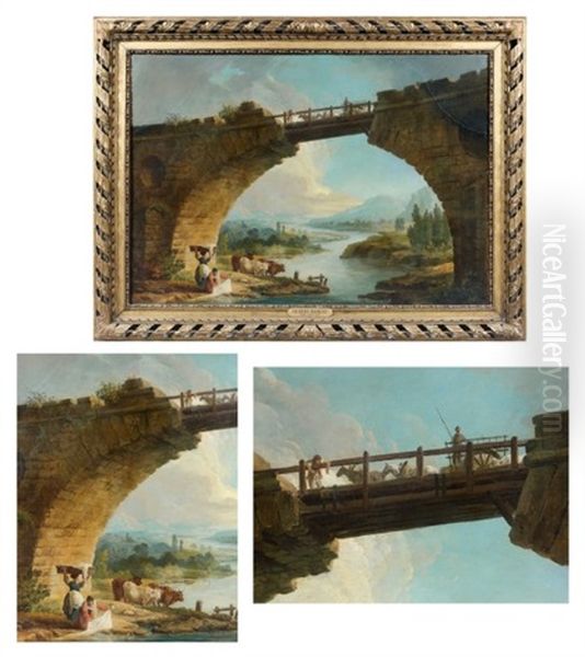 Lavandieres Sous Un Pont Antique Oil Painting by Hubert Robert