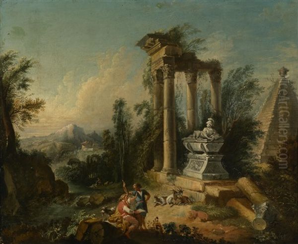 Sudliche Landschaft Mit Romischen Ruinen Und Hirtenstaffage Oil Painting by Hubert Robert