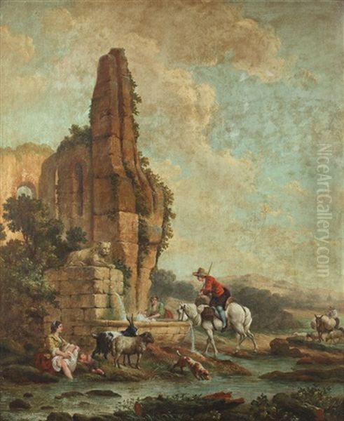 Bergere Et Voyageurs Pres De La Fontaine Oil Painting by Hubert Robert