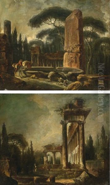 Caprice Representant Le Temple De Saturne Au Forum De Rome (+ Caprice De Ruines Architecturales Avec Une Fontaine Et Un Obelisque Animes D'un Cavalier Et De Son Chien; Pair) Oil Painting by Hubert Robert