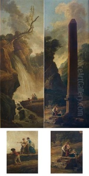 Promeneurs Pres D'une Cascade Pres De Tivoli (+ Lavandieres Pres De L'obelisque; Pair) Oil Painting by Hubert Robert