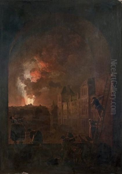 L'incendie De L'opera Vue D'une Croisee De L'academie De Peinture, Place Du Louvre Oil Painting by Hubert Robert