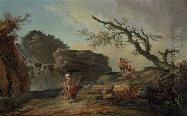 La Cascade: A Rocky Hillside With A Peasant Woman And Child Near A Waterfall And Boys Resting By A Blasted Tree Oil Painting by Hubert Robert