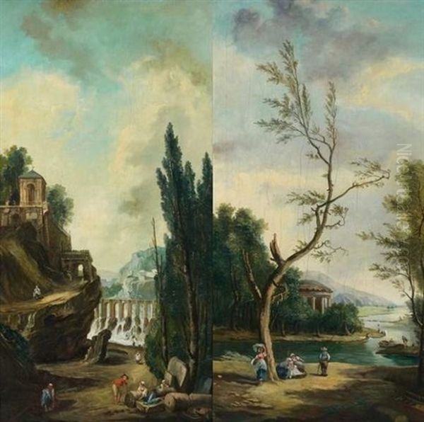 Caprices Architecturaux Animes (pair) Oil Painting by Hubert Robert